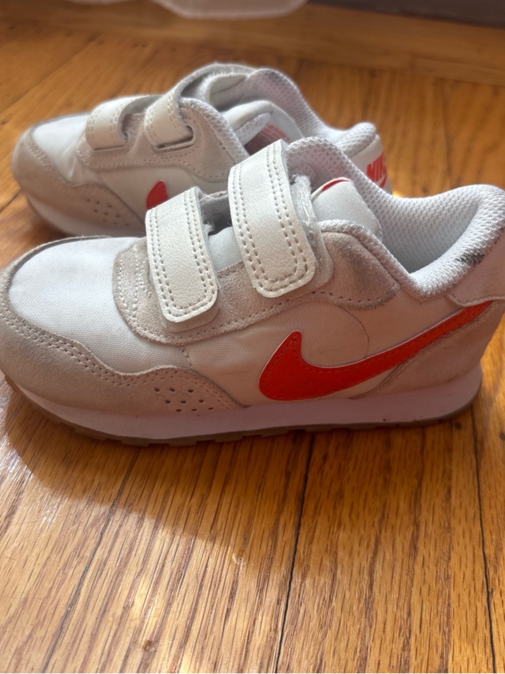 Nike Kids White Sneakers with Red Swoosh and Velcro Straps